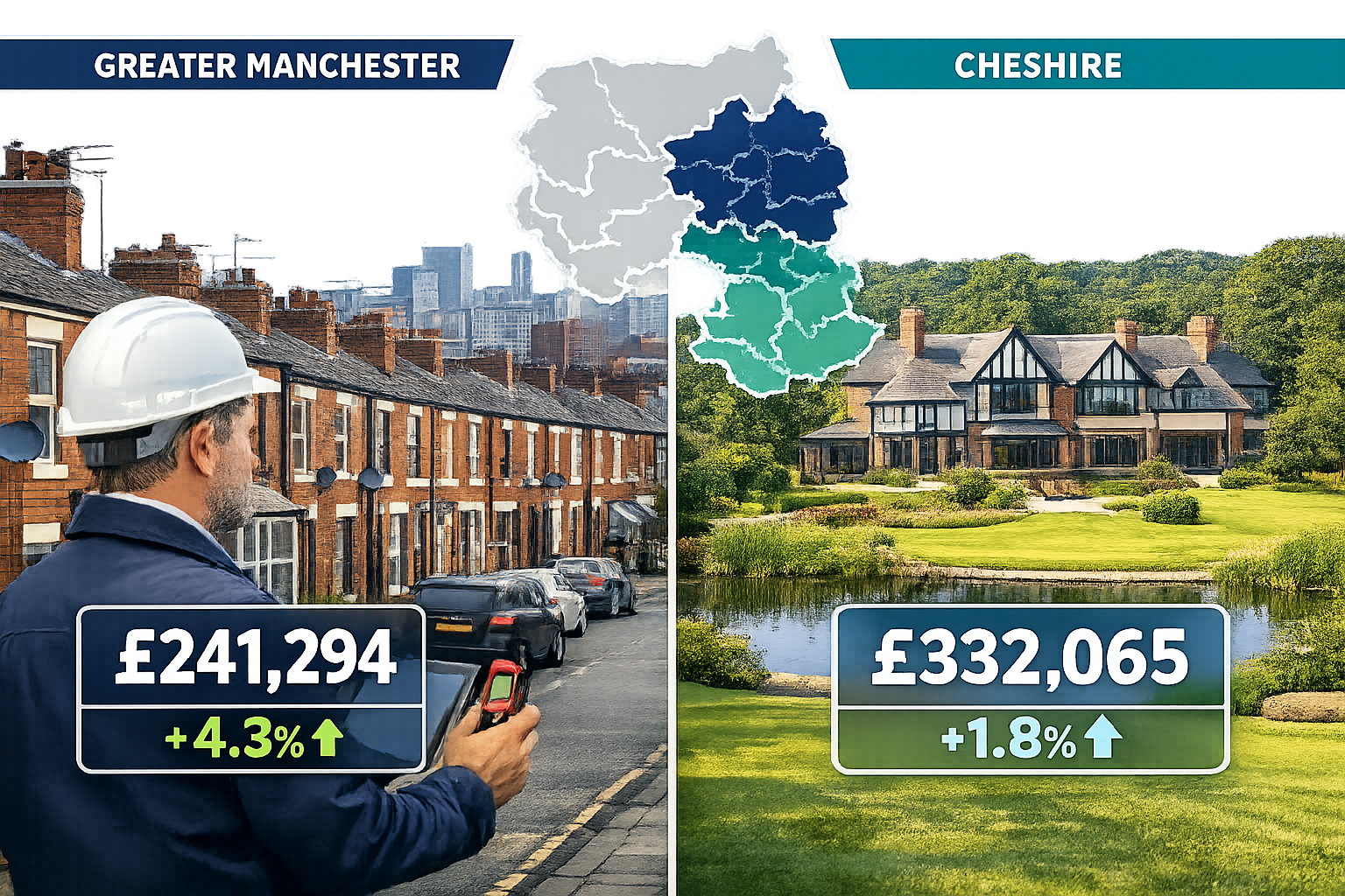 Detailed () image showing split-screen comparison of Greater Manchester urban properties versus Cheshire premium estates,