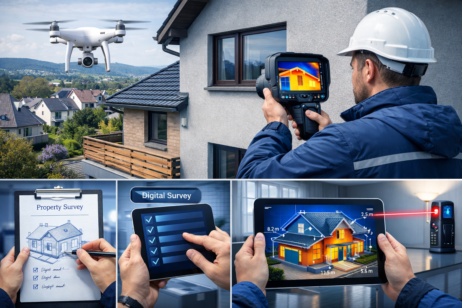 Detailed () image depicting advanced property survey technology in action: drone hovering over North West residential