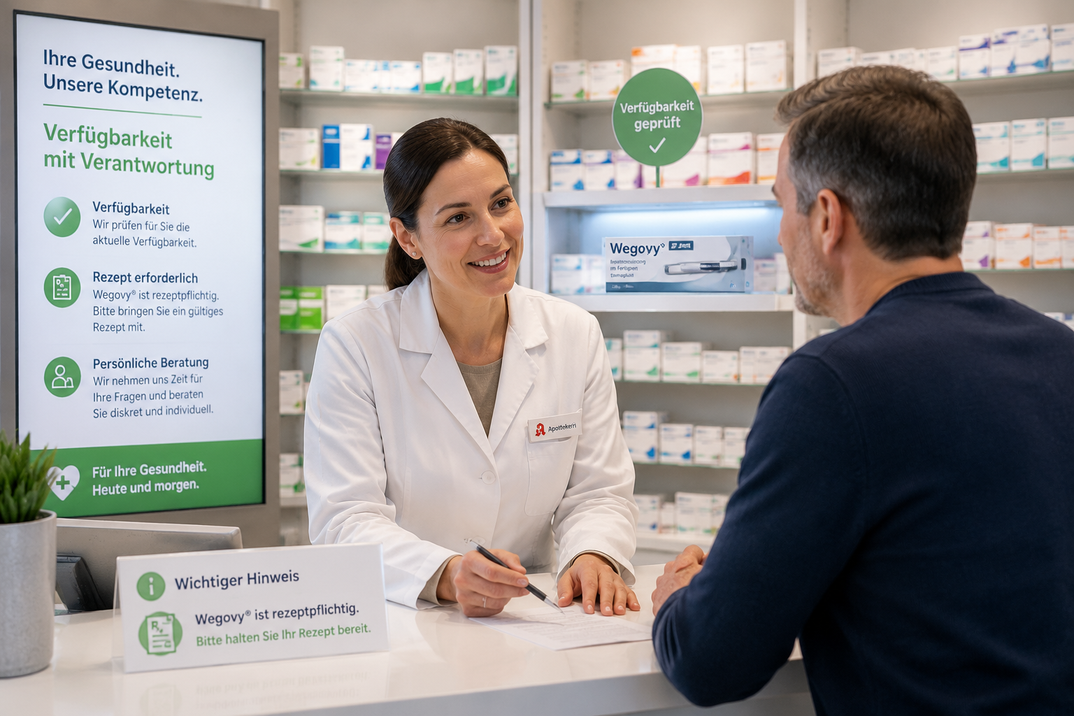 Detailliertes Landschaftsformat () Bild einer modernen deutschen Apotheke im Jahr 2026, eine freundliche Apothekerin berät
