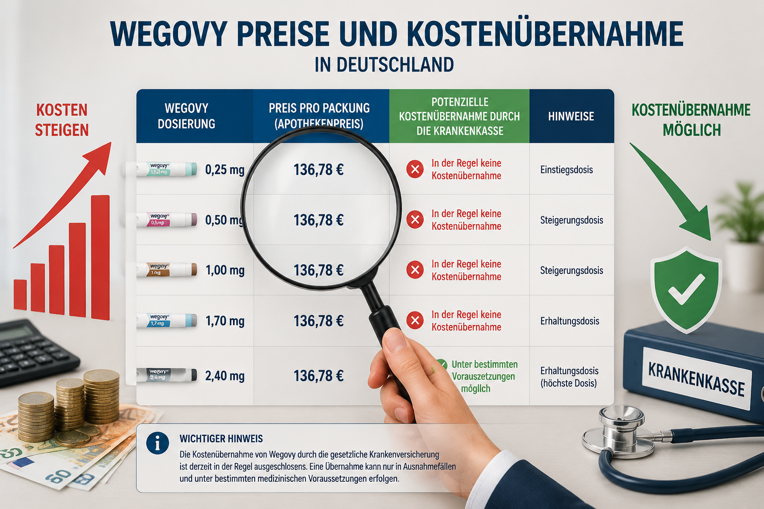 Detailliertes Landschaftsformat () Bild, das eine Tabelle mit Preisinformationen für verschiedene Dosierungen von Wegovy und