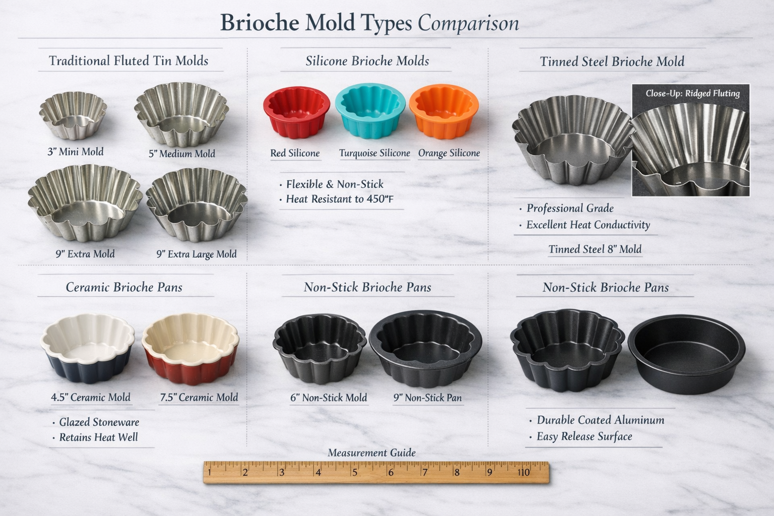 Detailed editorial photograph (1536x1024) showing comprehensive comparison chart of different brioche mold types arranged in organized grid 