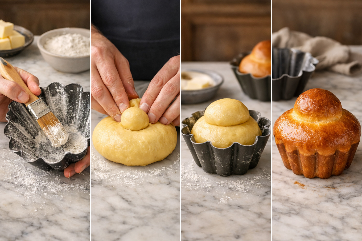 High-quality culinary instructional photograph (1536x1024) demonstrating traditional French brioche baking technique in step-by-step visual 