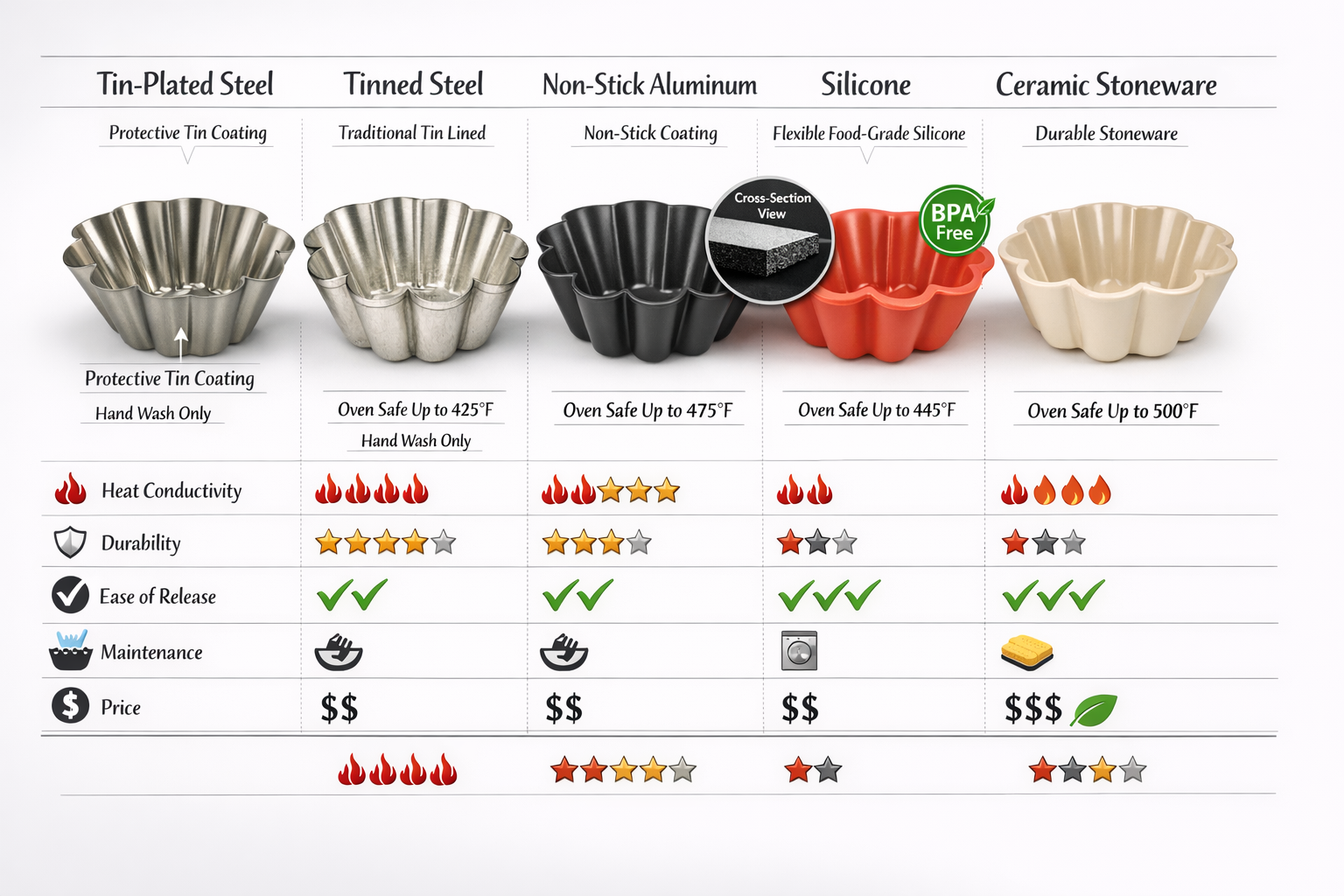 Professional product analysis photograph (1536x1024) displaying detailed material comparison infographic for brioche mold selection: side-by
