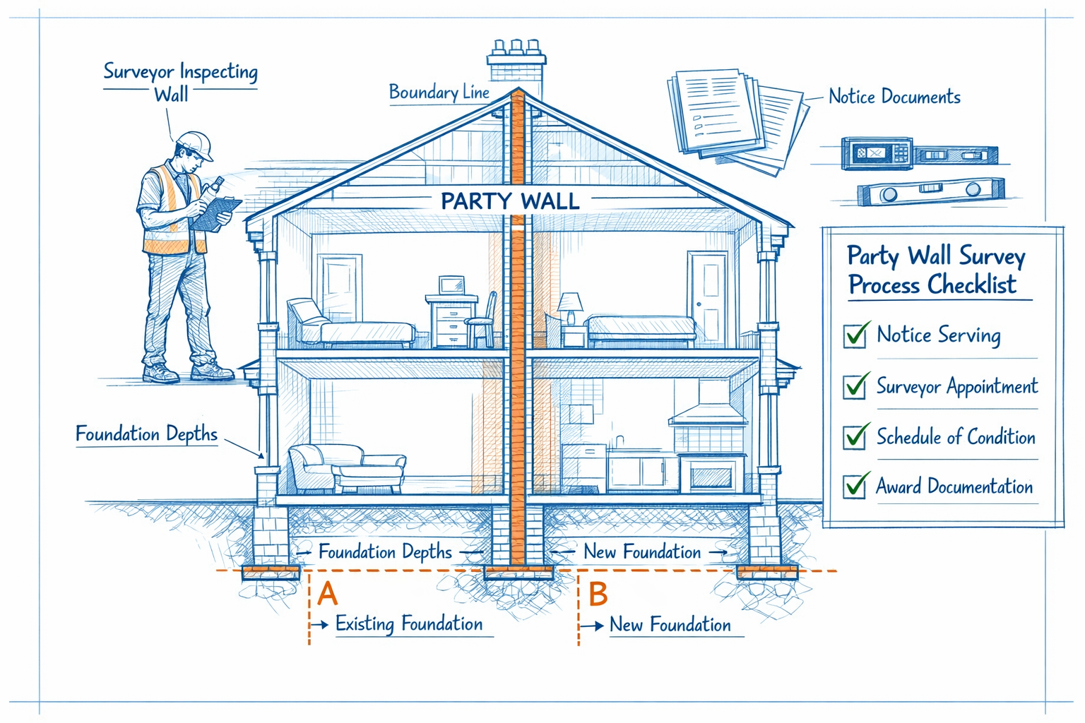 Landscape format (1536x1024) technical illustration showing party wall survey process checklist with Victorian terraced house cross-section 