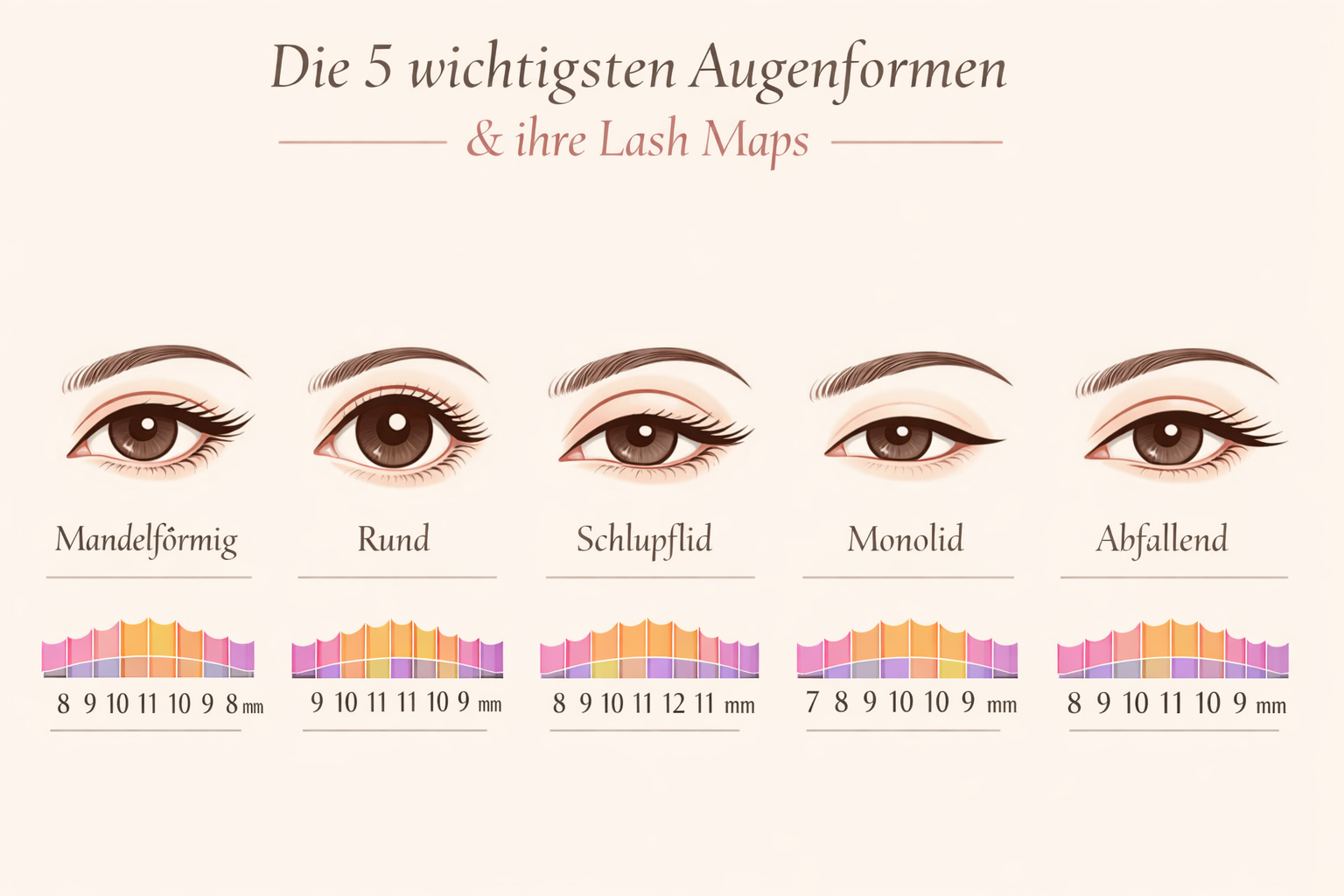 Landschaftsformat () Infografik-Stil: Fünf verschiedene Augenformen (Mandelförmig, Rund, Schlupflid, Monolid, Abfallend)