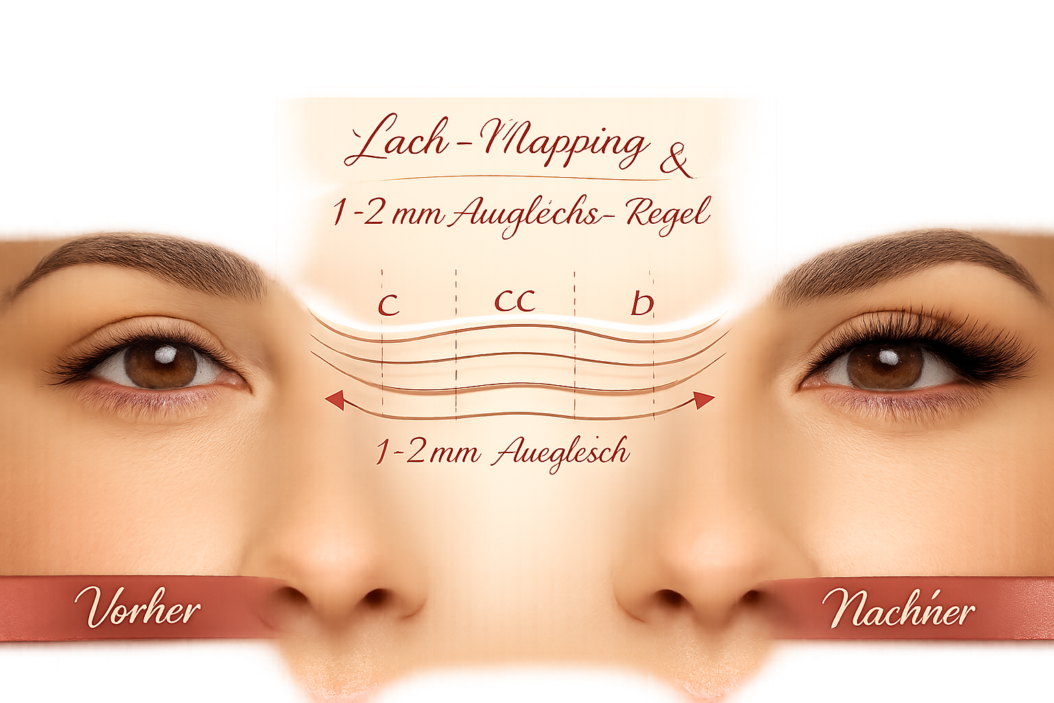 Landschaftsformat () Vorher-Nachher-Vergleichsbild: Links ein Paar leicht asymmetrischer Augen ohne Extensions mit