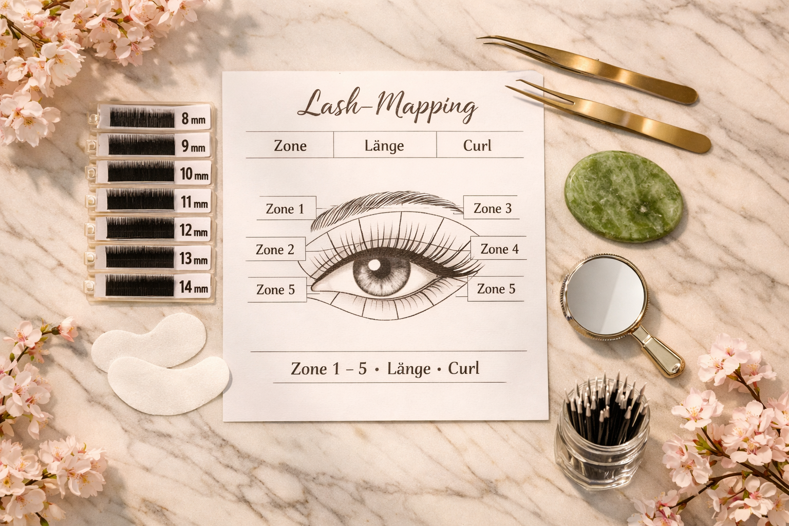 Landschaftsformat () Flatlay-Szene eines professionellen Lash-Mapping-Arbeitsplatzes von oben: Ein Mapping-Bogen mit