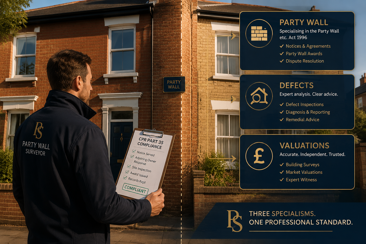 Wide-angle editorial illustration showing a UK surveyor in professional attire standing at a party wall boundary between two