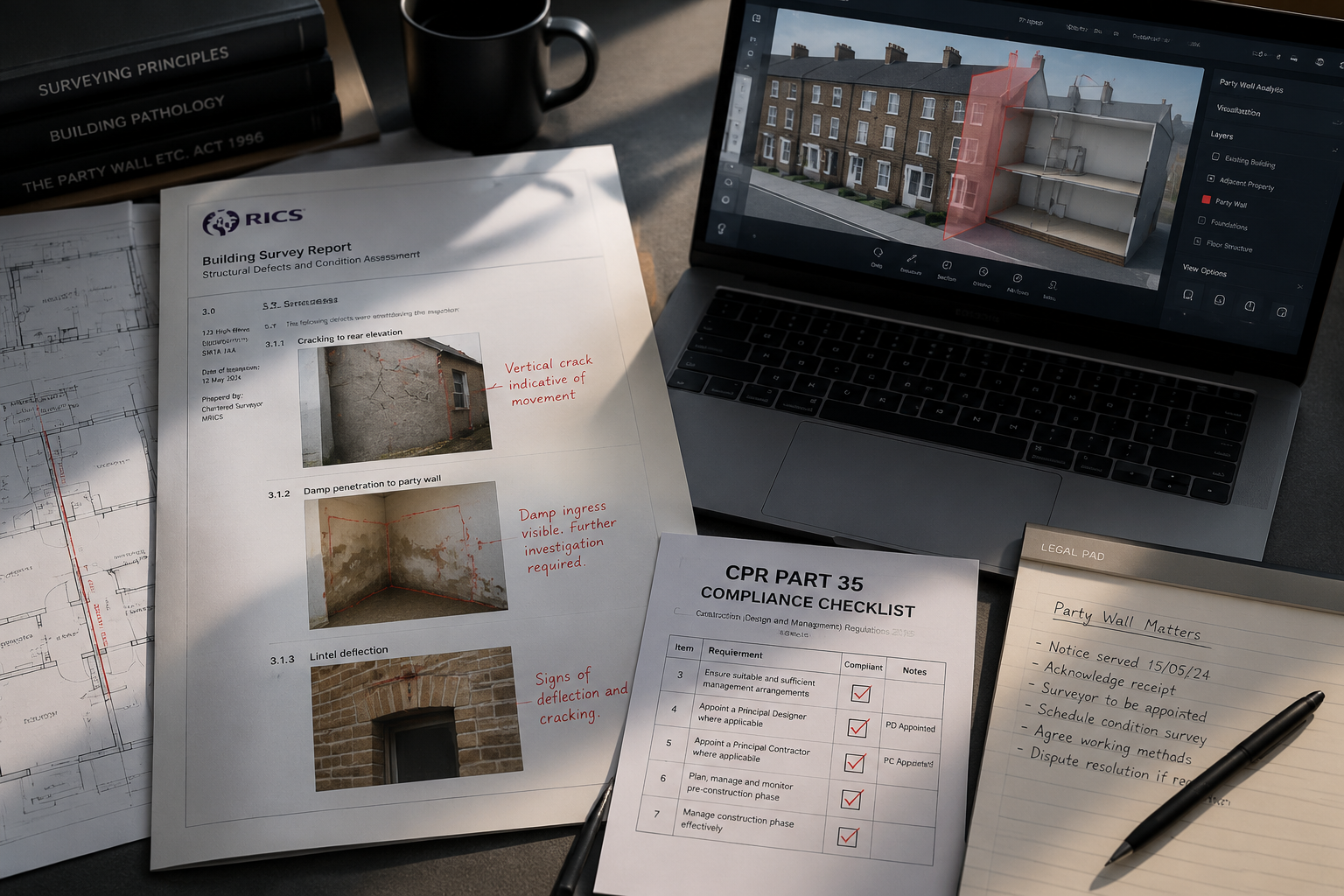 Close-up overhead shot of a surveyor's desk with spread documents: a RICS building survey report showing structural defects
