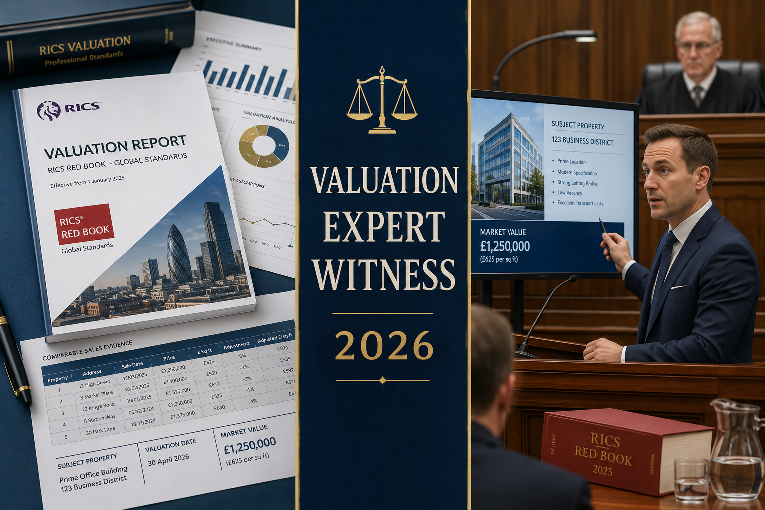 Dynamic split-screen editorial image: left panel shows a property valuation report with charts, comparable sales data, and