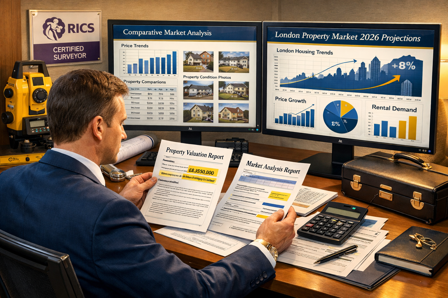 Landscape format (1536x1024) detailed illustration showing professional surveyor in business attire examining property documents and valuati