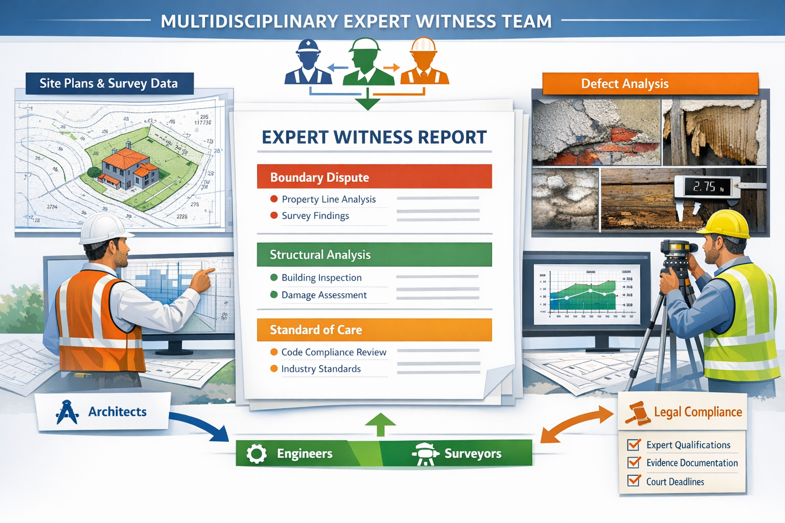 Landscape format (1536x1024) infographic-style visualization showing multidisciplinary expert witness team collaboration with architects, en