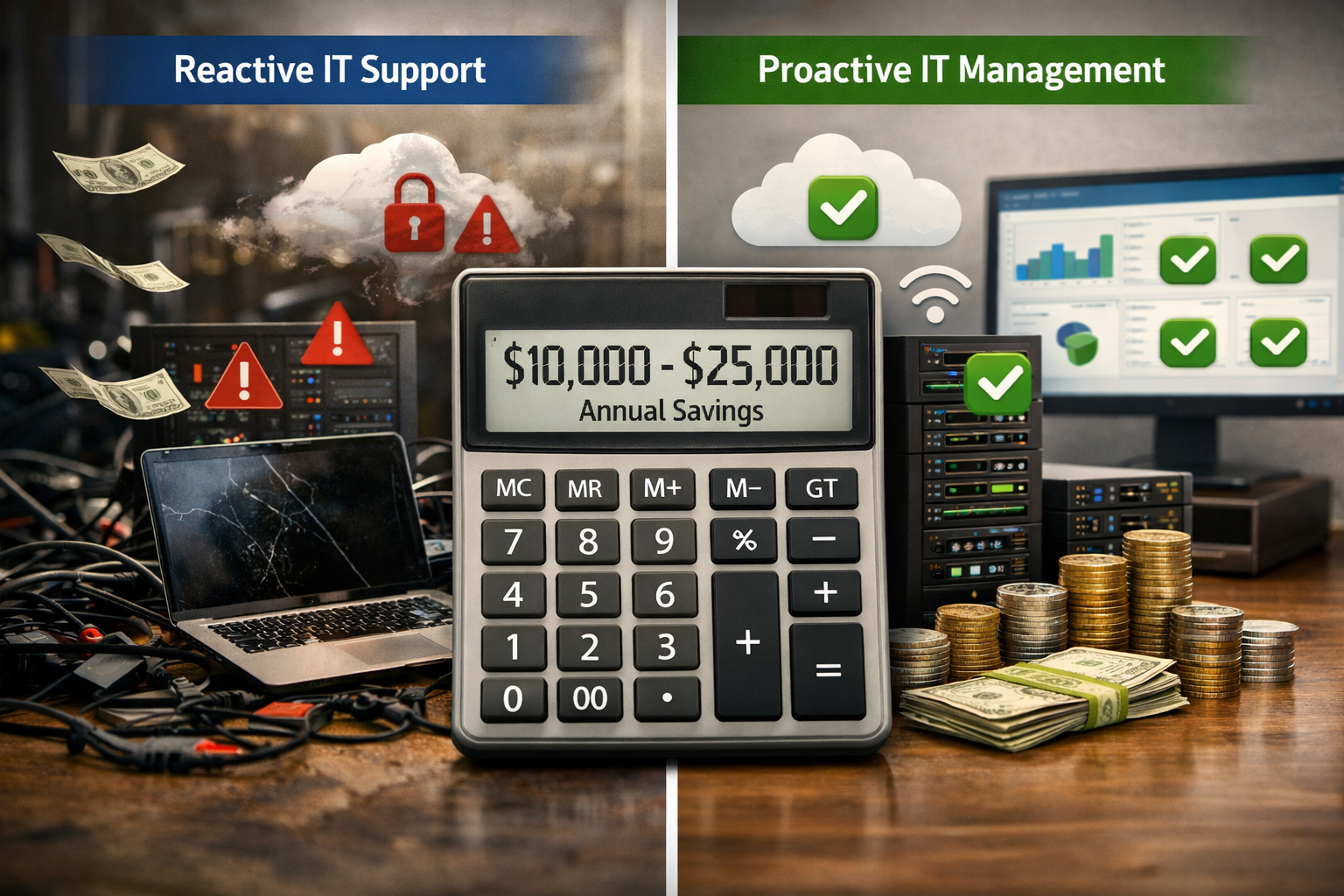 Landscape infographic showcasing a split-screen visual comparing small business IT costs: Left side depicts chaotic, broken