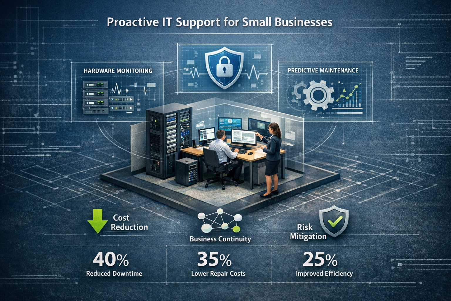 Conceptual infographic highlighting key takeaways of proactive IT support for small businesses. Central composition