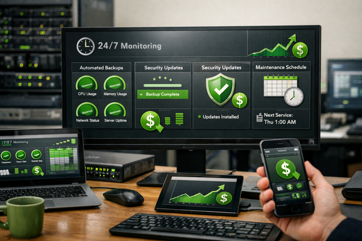 Professional () illustration demonstrating proactive IT cost savings mechanisms. Shows monitoring dashboard with real-time