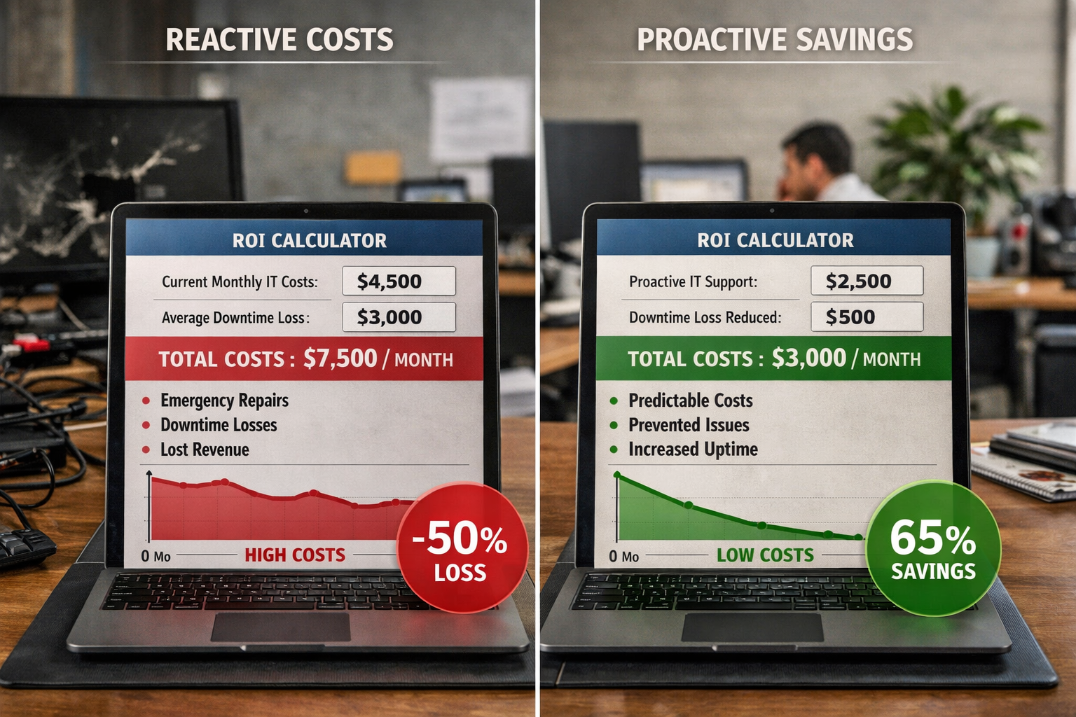 () ROI calculator visualization showing before and after scenarios for small businesses switching to proactive IT support.