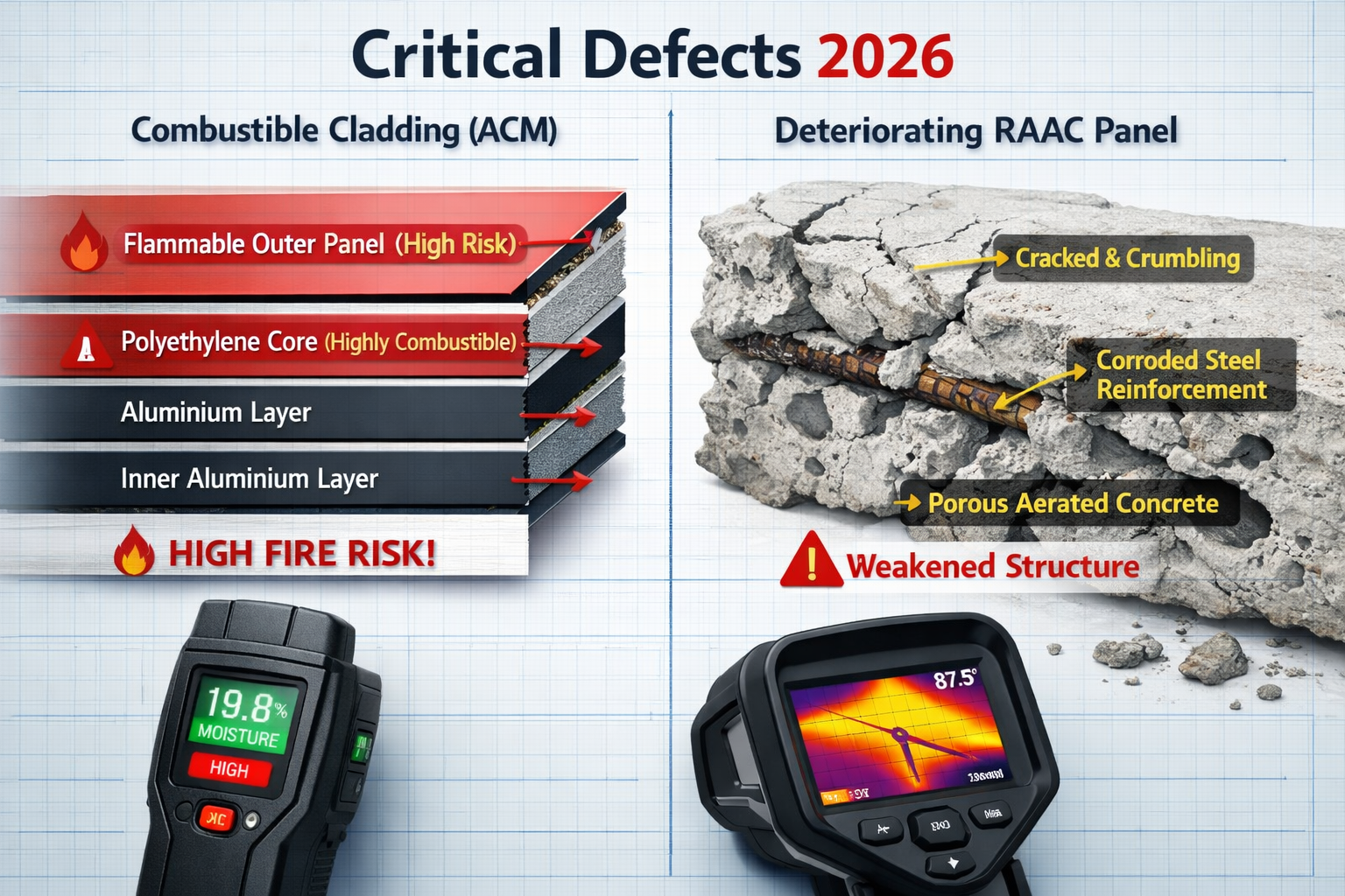 Detailed () image showing close-up cross-section comparison of building materials: left side displays dangerous combustible