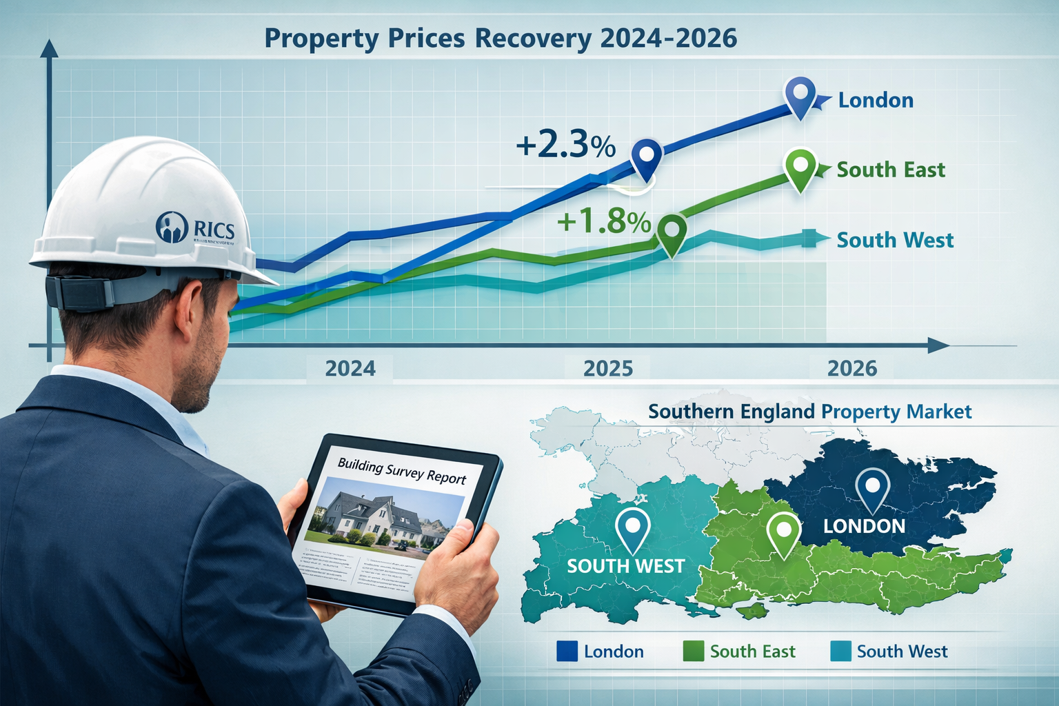 Detailed () infographic-style image displaying Southern England property market data visualization: large upward-trending