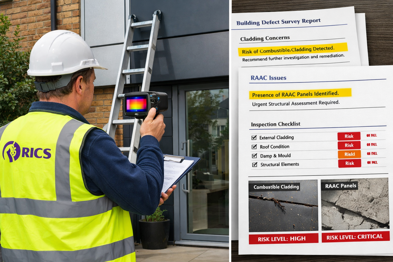 Detailed () image showing professional building survey in progress: RICS chartered surveyor in high-visibility vest and hard