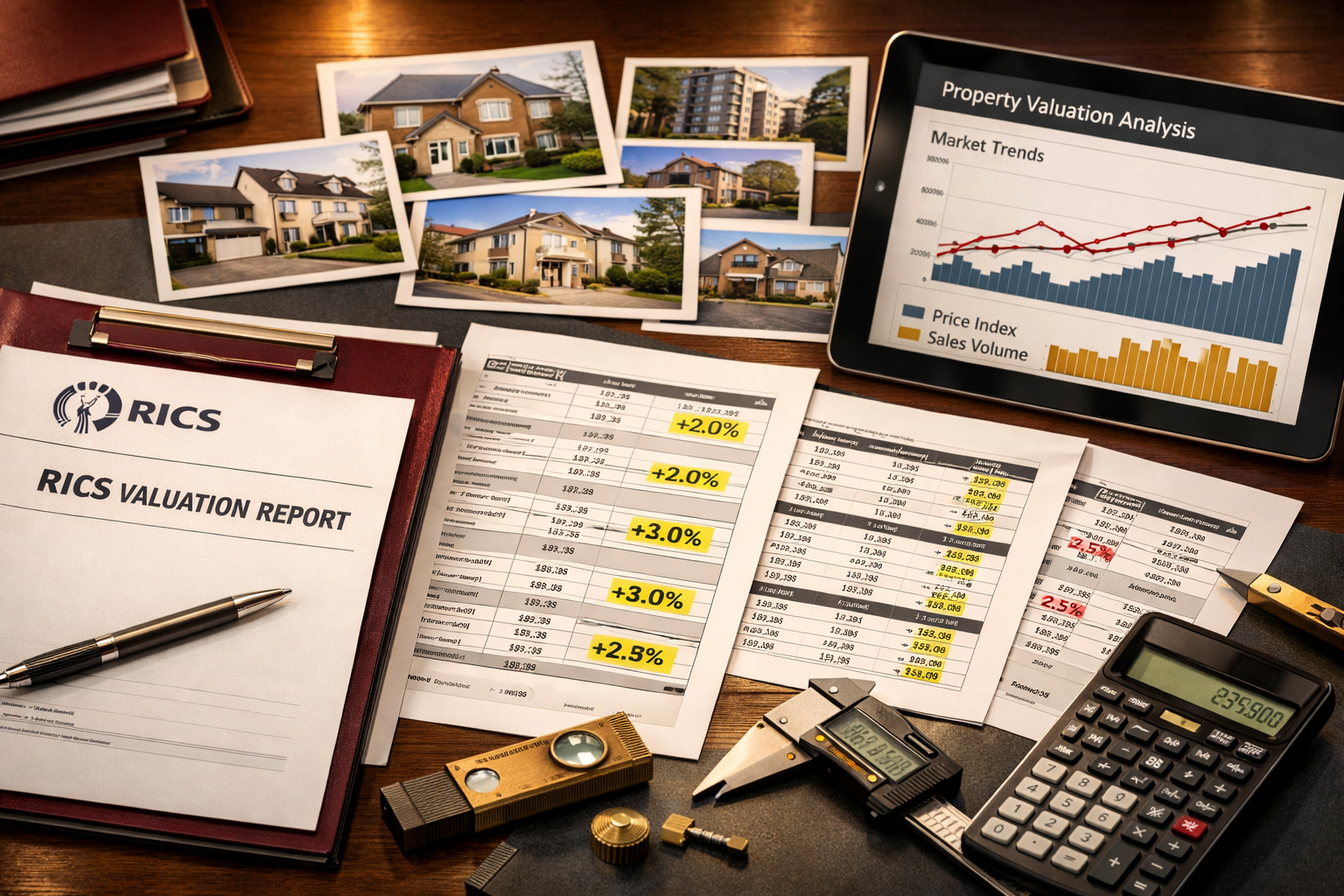 Detailed () editorial image showing close-up of professional surveyor's workspace with RICS valuation report documents,