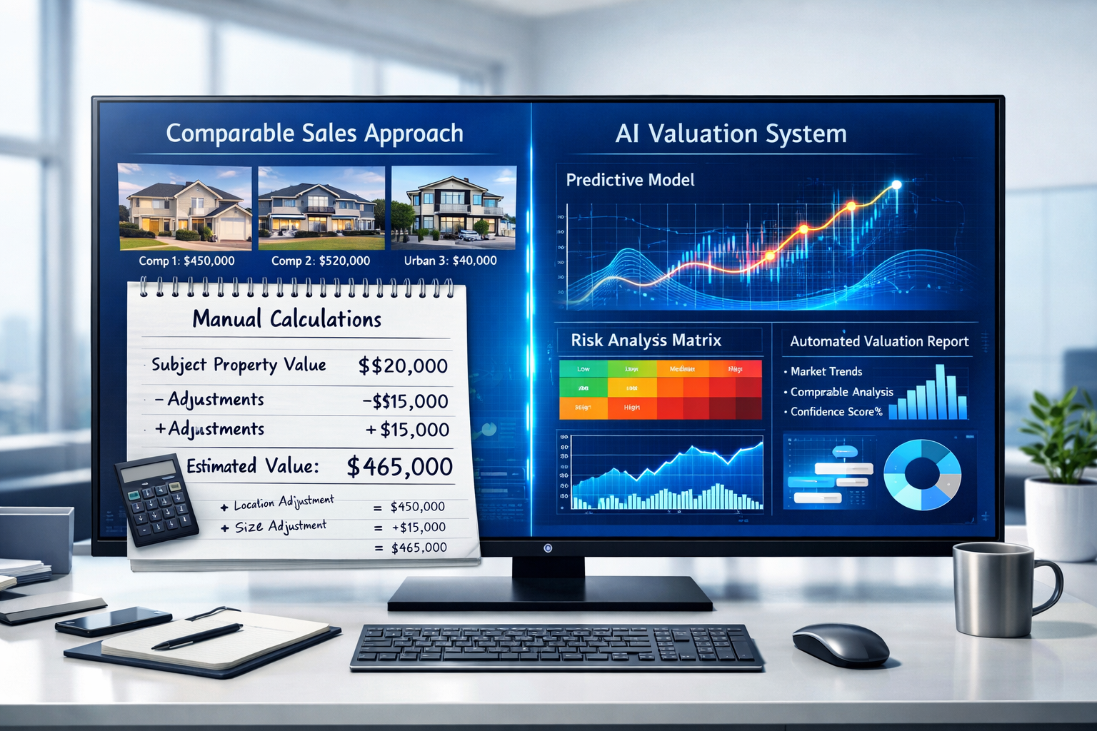 Wide-angle () conceptual business image depicting AI-driven valuation technology interface on large modern monitor screen