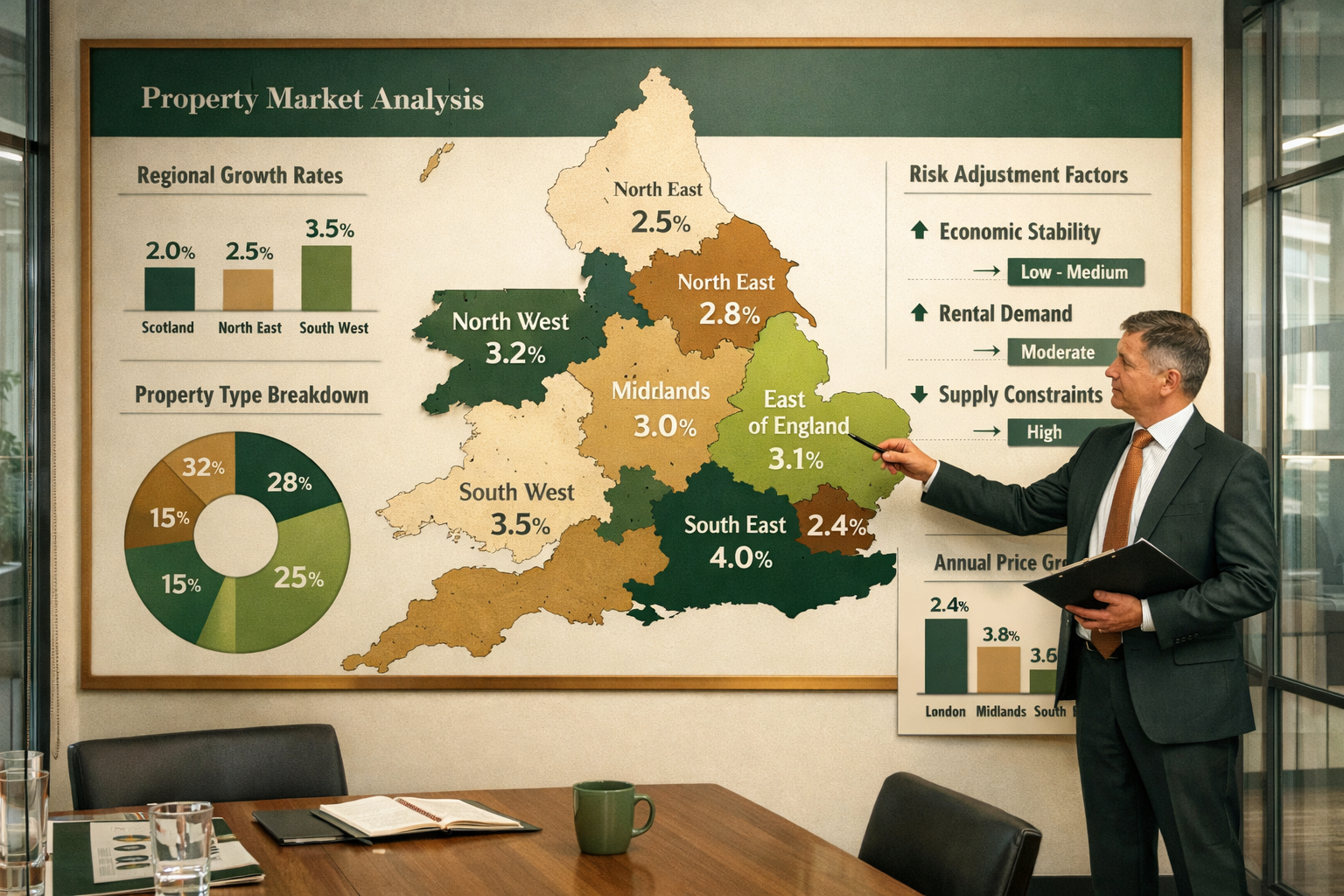 Sophisticated () editorial image showing diverse UK regional property market comparison display with large wall-mounted map