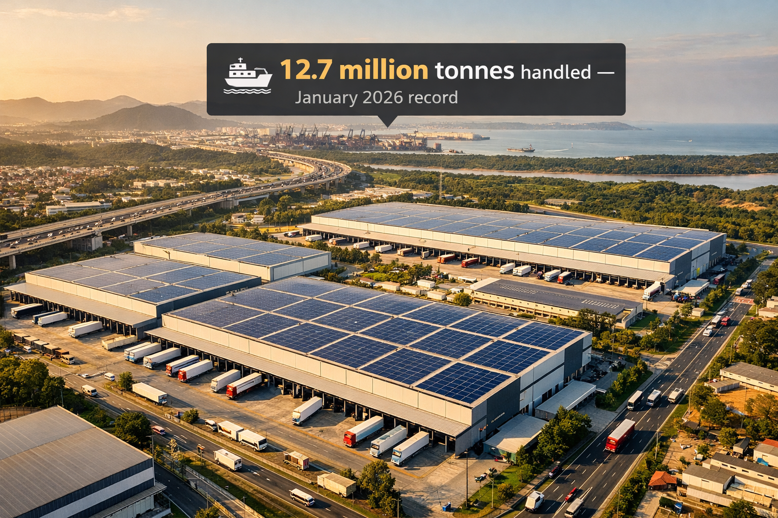 Wide-angle aerial photograph of modern Class A logistics warehouses and distribution centers in the ABC region of São Paulo,