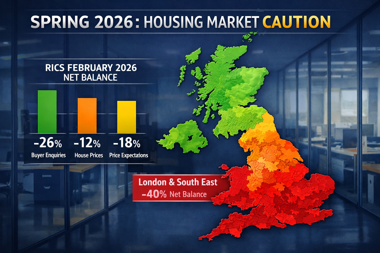 Detailed () infographic-style illustration showing a UK map with heat-map colour coding: London and South East shaded deep
