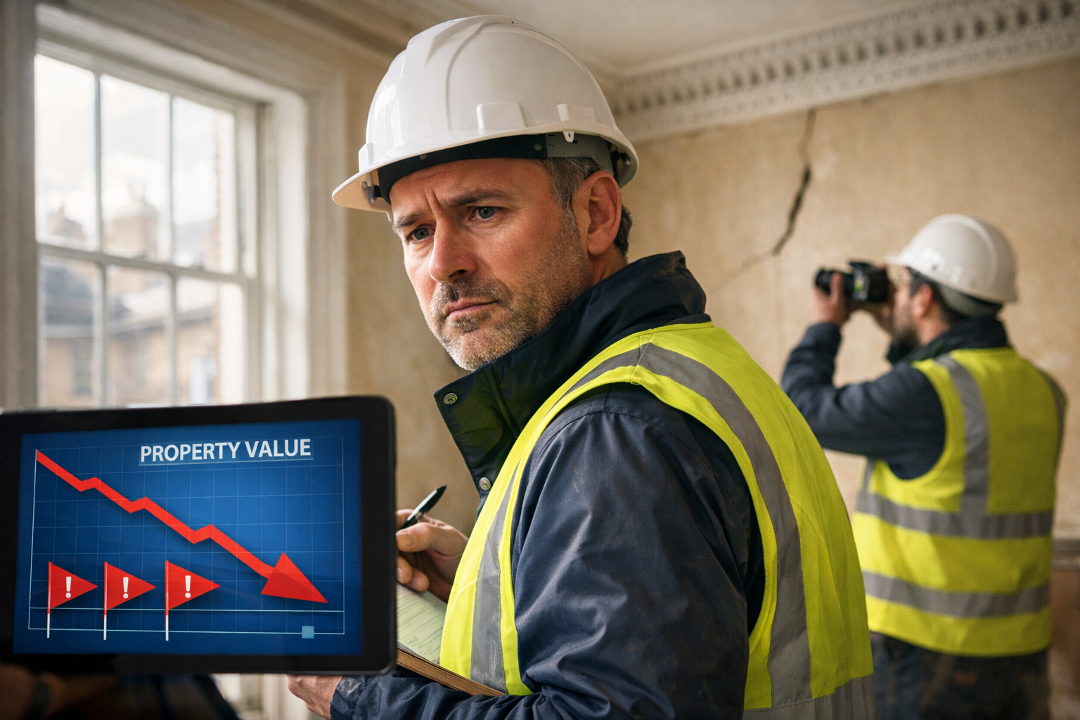 Detailed () showing a building surveyor in hard hat and hi-vis vest standing inside a period London property, clipboard in