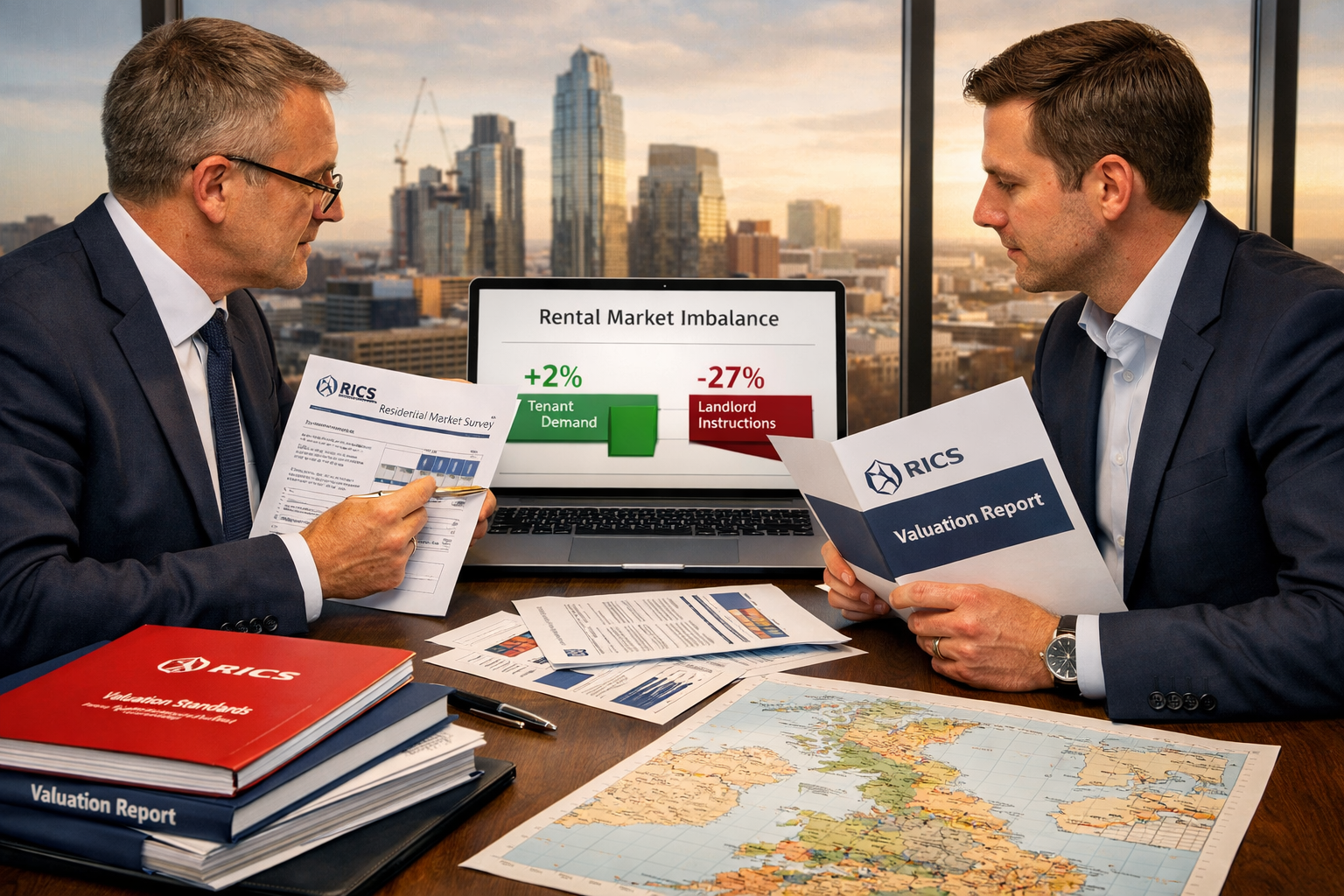 Detailed () showing a professional property valuation meeting scene: two chartered surveyors at a modern desk reviewing