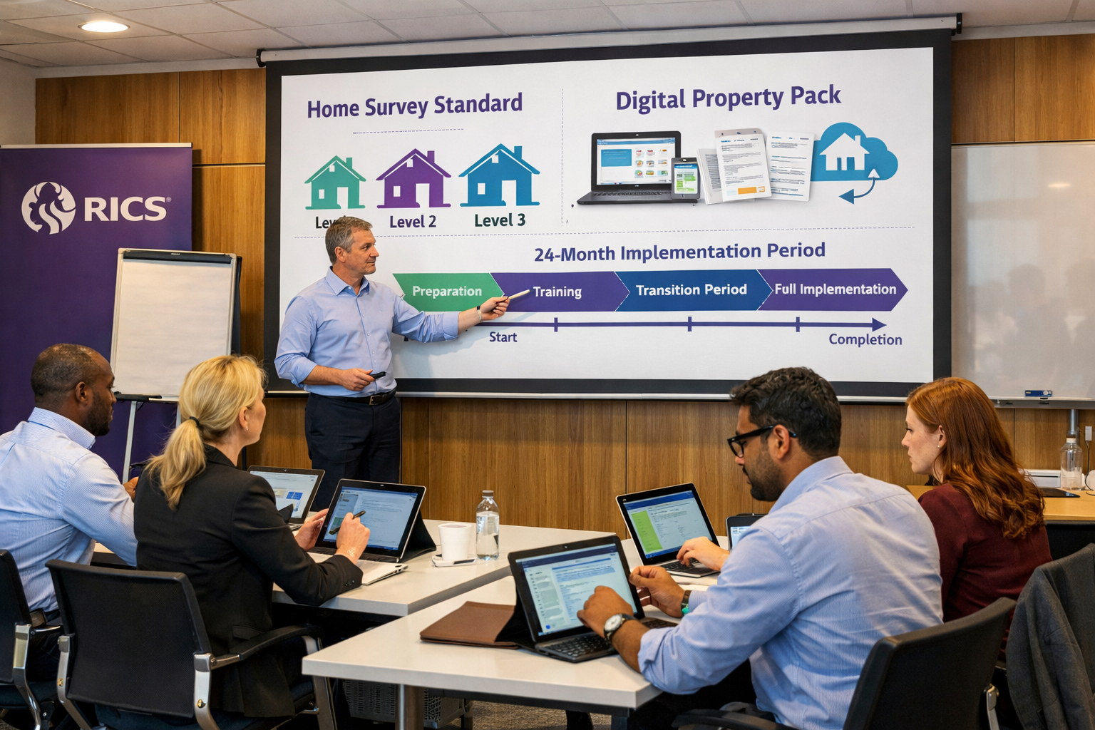 Detailed () editorial image showing RICS training classroom scene with building surveyors attending professional development