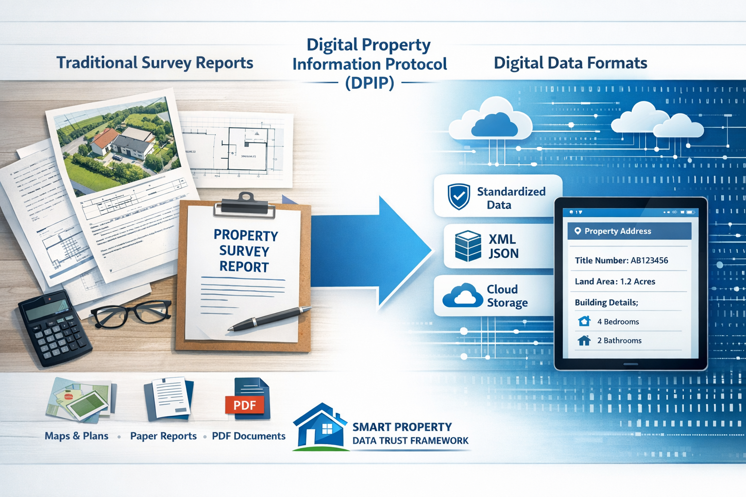Professional () infographic-style image illustrating Digital Property Information Protocol (DPIP) workflow, split-screen
