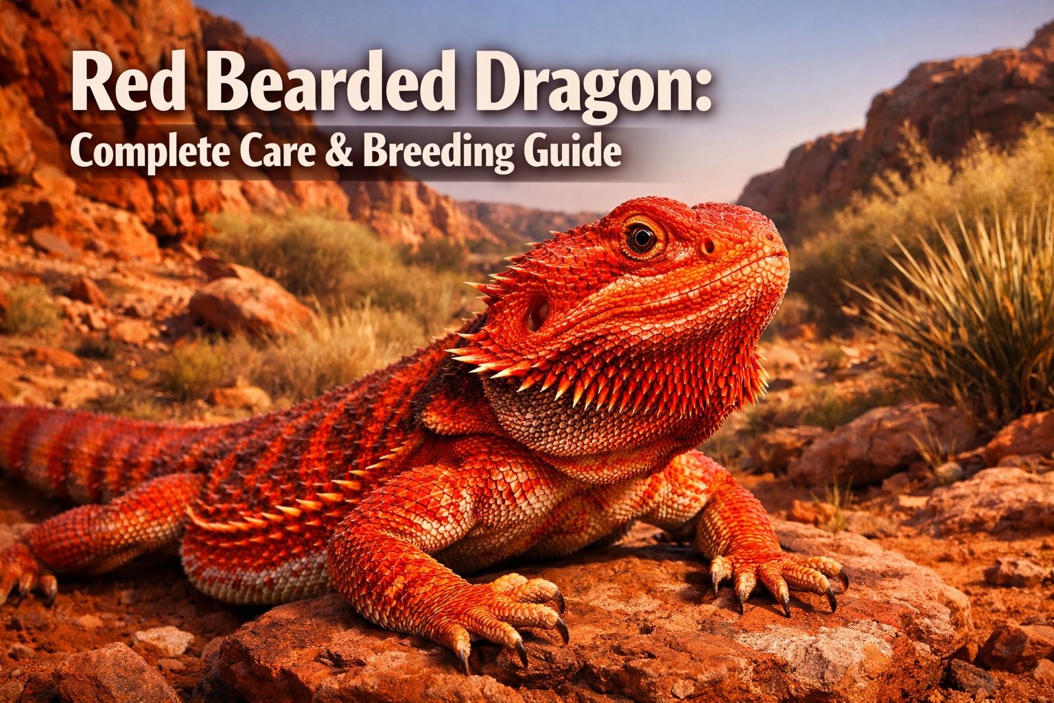 Professional landscape format (1536x1024) hero image featuring a vibrant red bearded dragon with stunning crimson and orange scales in sharp