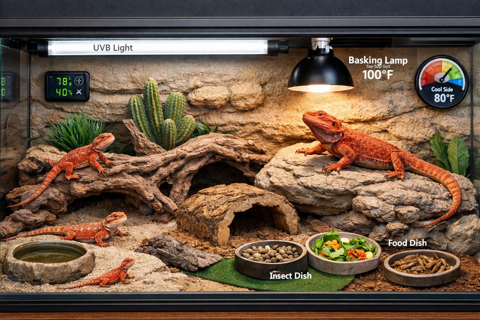 Landscape format (1536x1024) comprehensive red bearded dragon care setup showing proper terrarium environment with UVB lighting, basking spo