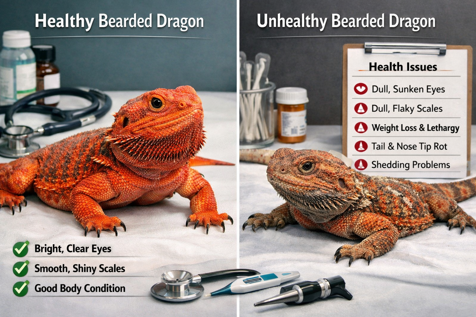Landscape format (1536x1024) side-by-side comparison of healthy versus unhealthy red bearded dragons, showing proper body condition, scale q