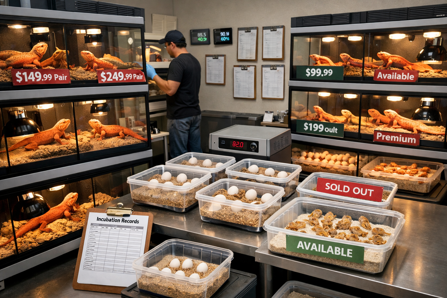 Landscape format (1536x1024) professional breeding facility showing multiple red bearded dragon enclosures with breeding pairs, incubation s