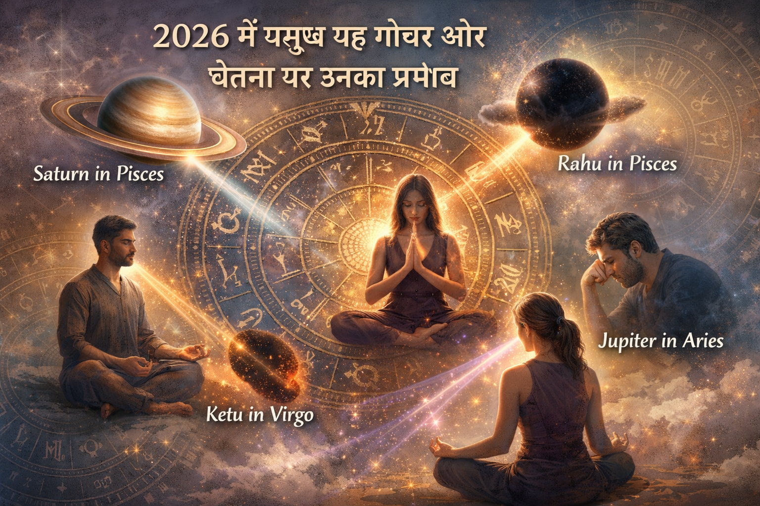 Detailed () image illustrating the 2026 ग्रह गोचर प्रभाव on human consciousness. The image features a stylized cosmic clock