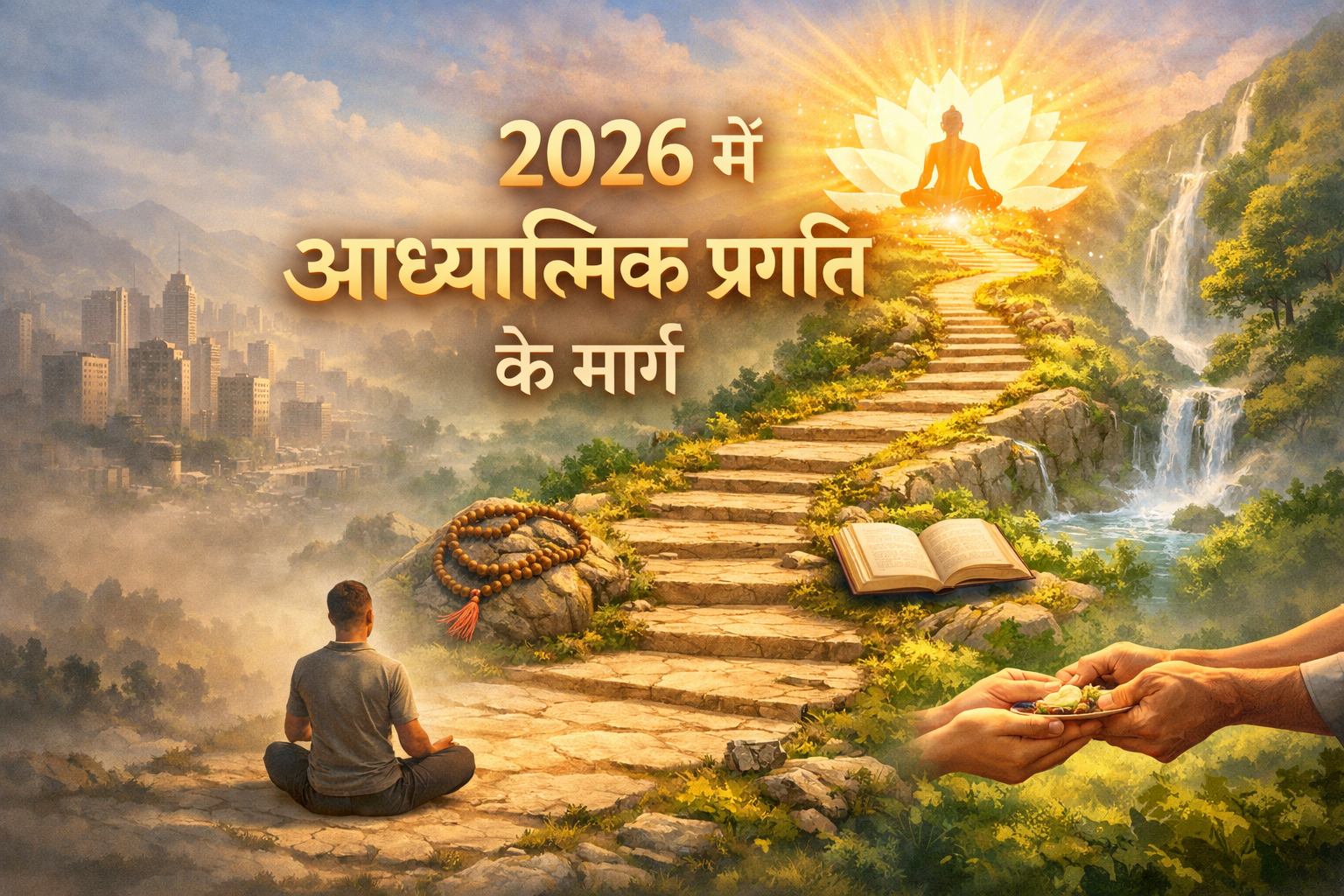 Detailed () image depicting the journey of आध्यात्मिक जागरण. The composition shows a winding path leading upwards through a