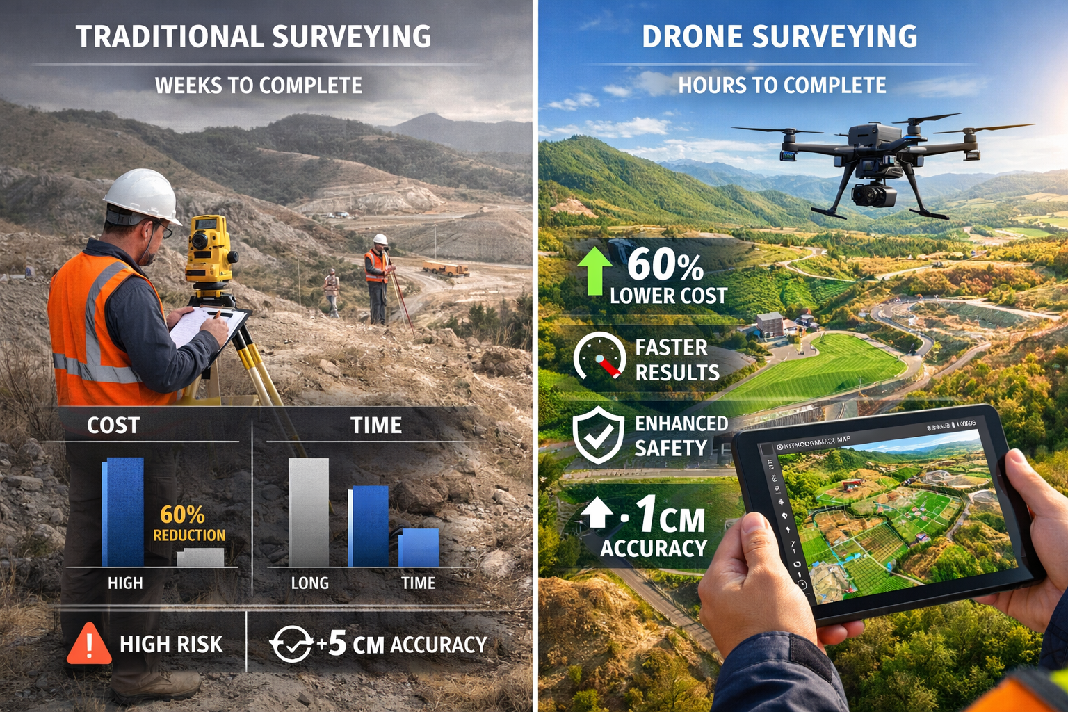 Landscape format (1536x1024) editorial image showing split-screen comparison of traditional property surveying versus modern drone surveying