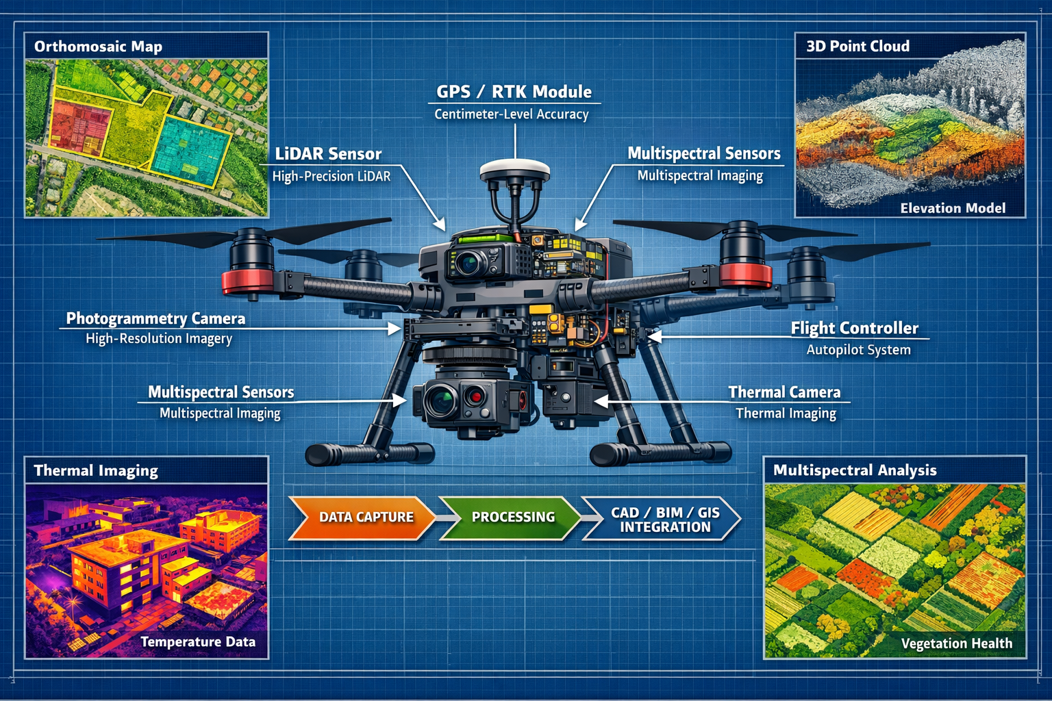 Landscape format (1536x1024) detailed technical illustration showing modern multi-sensor autonomous drone system in cutaway view revealing s