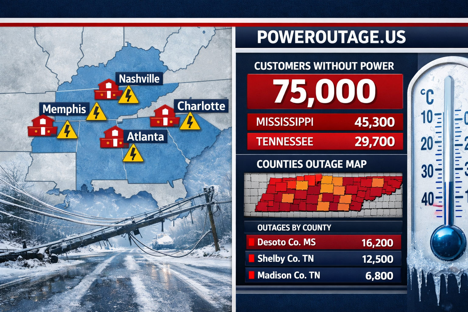 Landscape format (1536x1024) editorial image showing split-screen comparison of affected Southeast cities during winter storm school closure