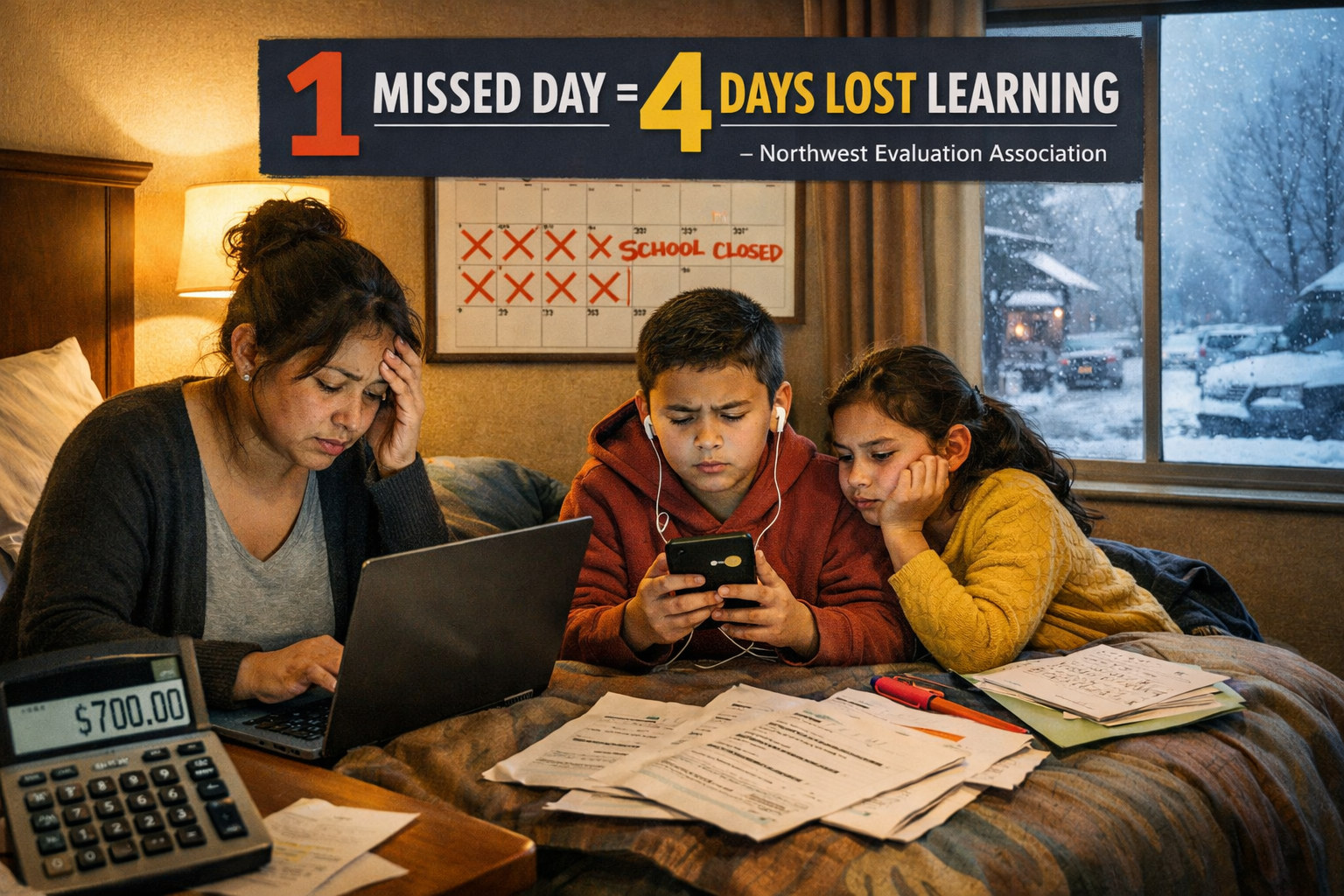 Landscape format (1536x1024) photojournalistic image depicting educational impact and family hardships from prolonged school closures. Foreg