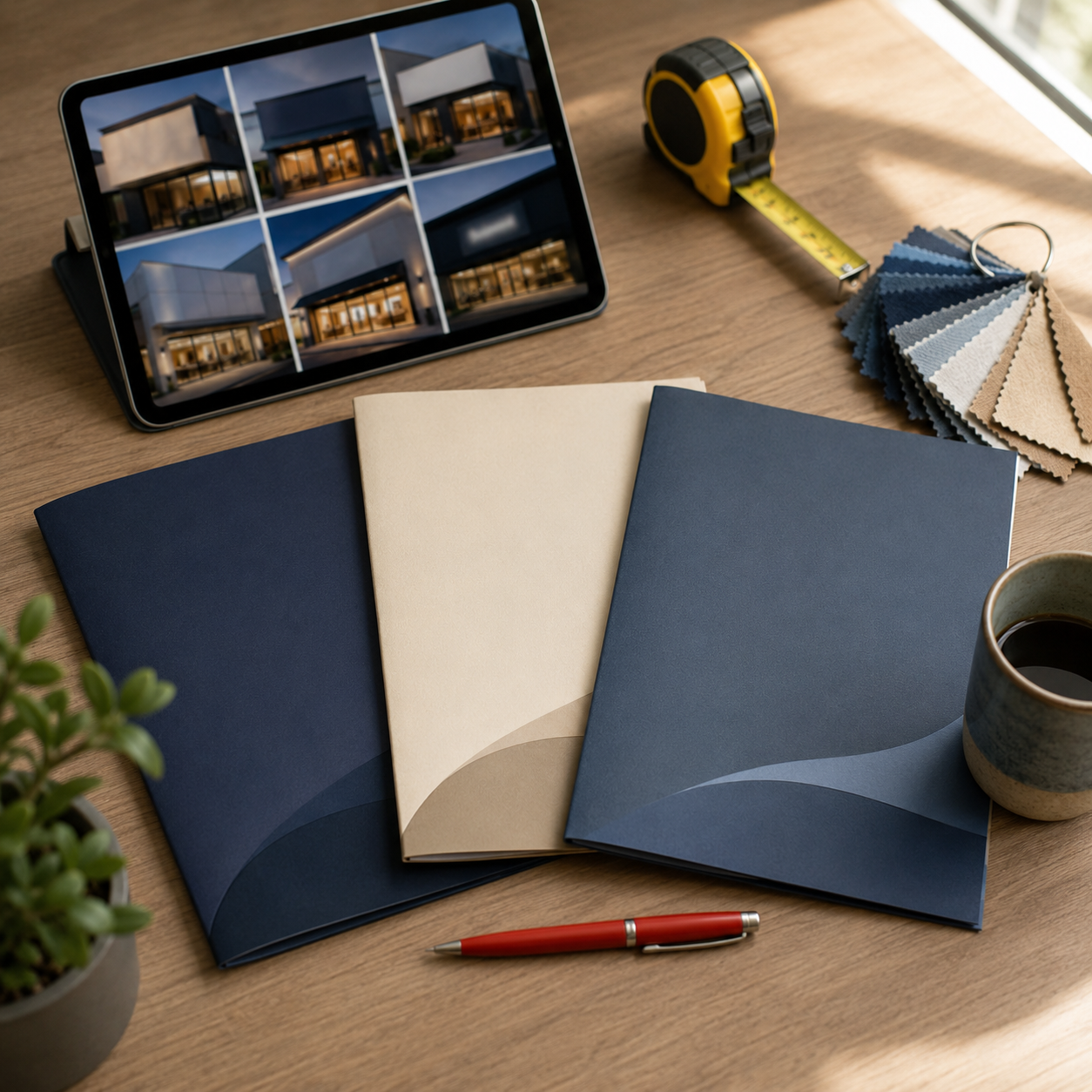 Overhead flat-lay of a business owner's desk during a sign vendor comparison: three printed vendor proposal folders fanned out, a tablet showing an unlabeled portfolio gallery of storefront photos, a measuring tape, a fabric color swatch ring, and a mug of coffee in natural window light.