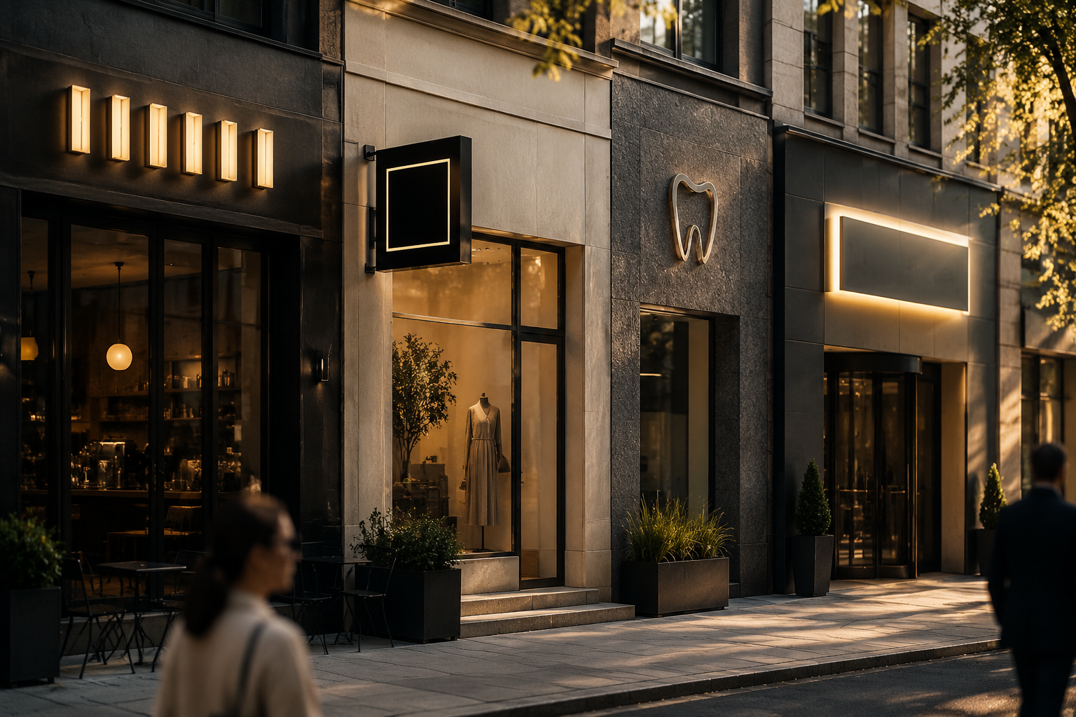 Exterior daytime photograph of a mixed retail block with four storefronts side by side, each with a different sign style: illuminated channel letters on a cafe, a projecting blade sign on a boutique, a flat dimensional metal logo on a dental office, and a halo-lit sign on a corporate suite entrance, in warm late-afternoon light.