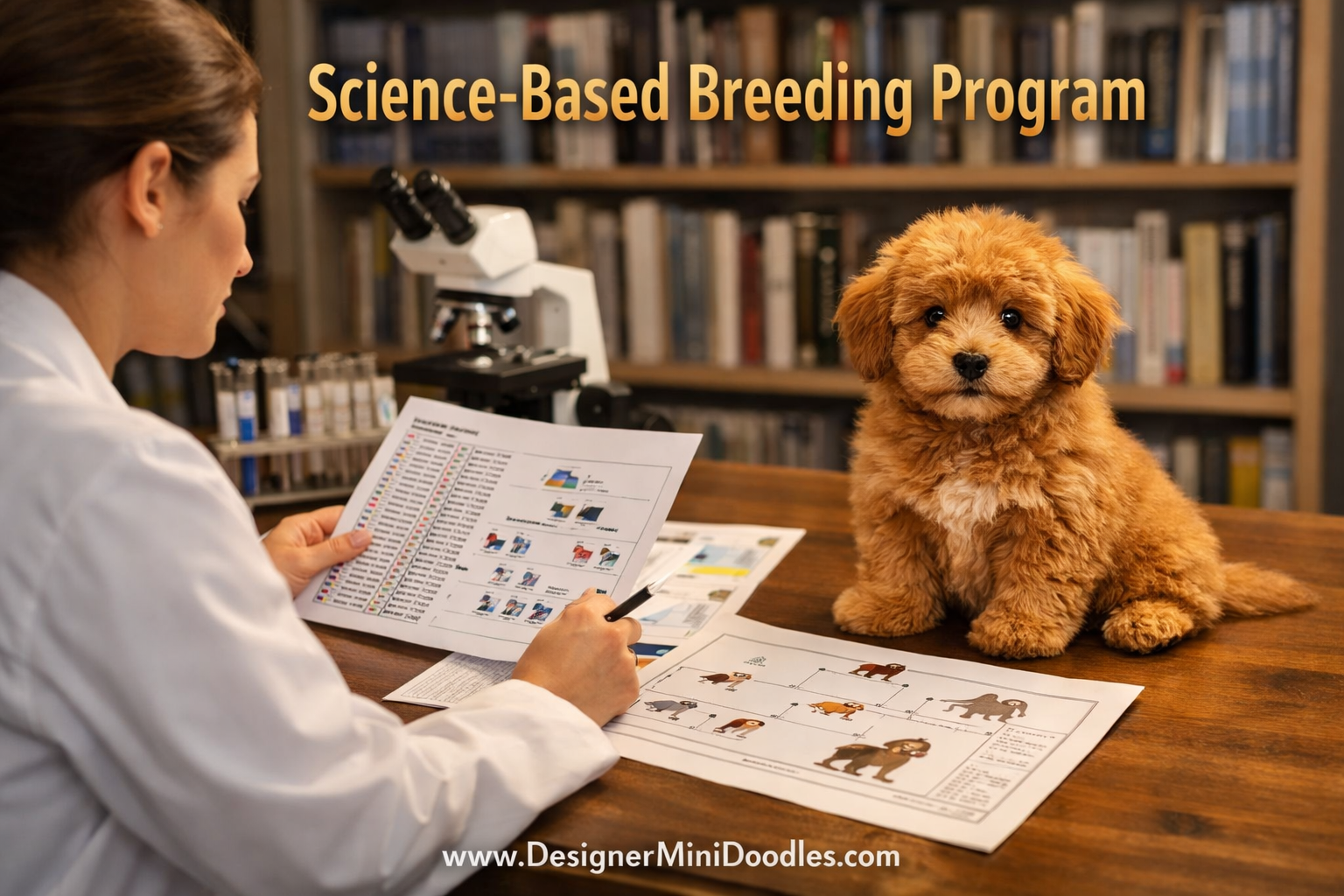 () showing a professional animal biology laboratory setting with a female scientist in a white coat reviewing genetic charts