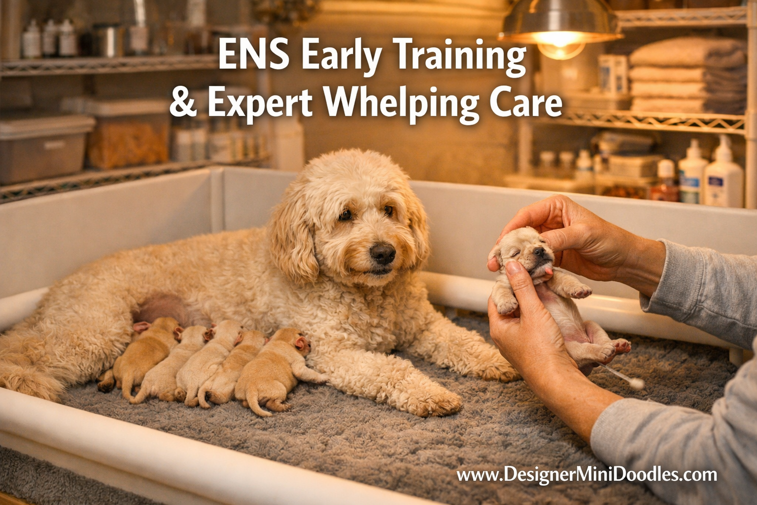 () showing a warm whelping room scene with a mother goldendoodle nursing tiny puppies on a clean padded whelping box, a