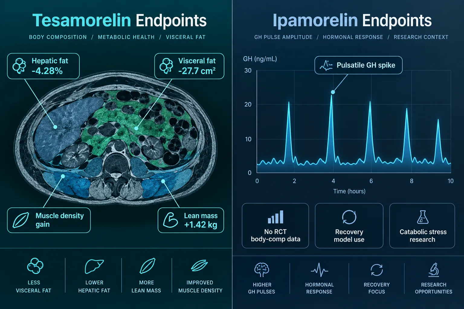 Tesamorelin vs Ipamorelin in Body Composition Research: Evidence Quality and Endpoint Data