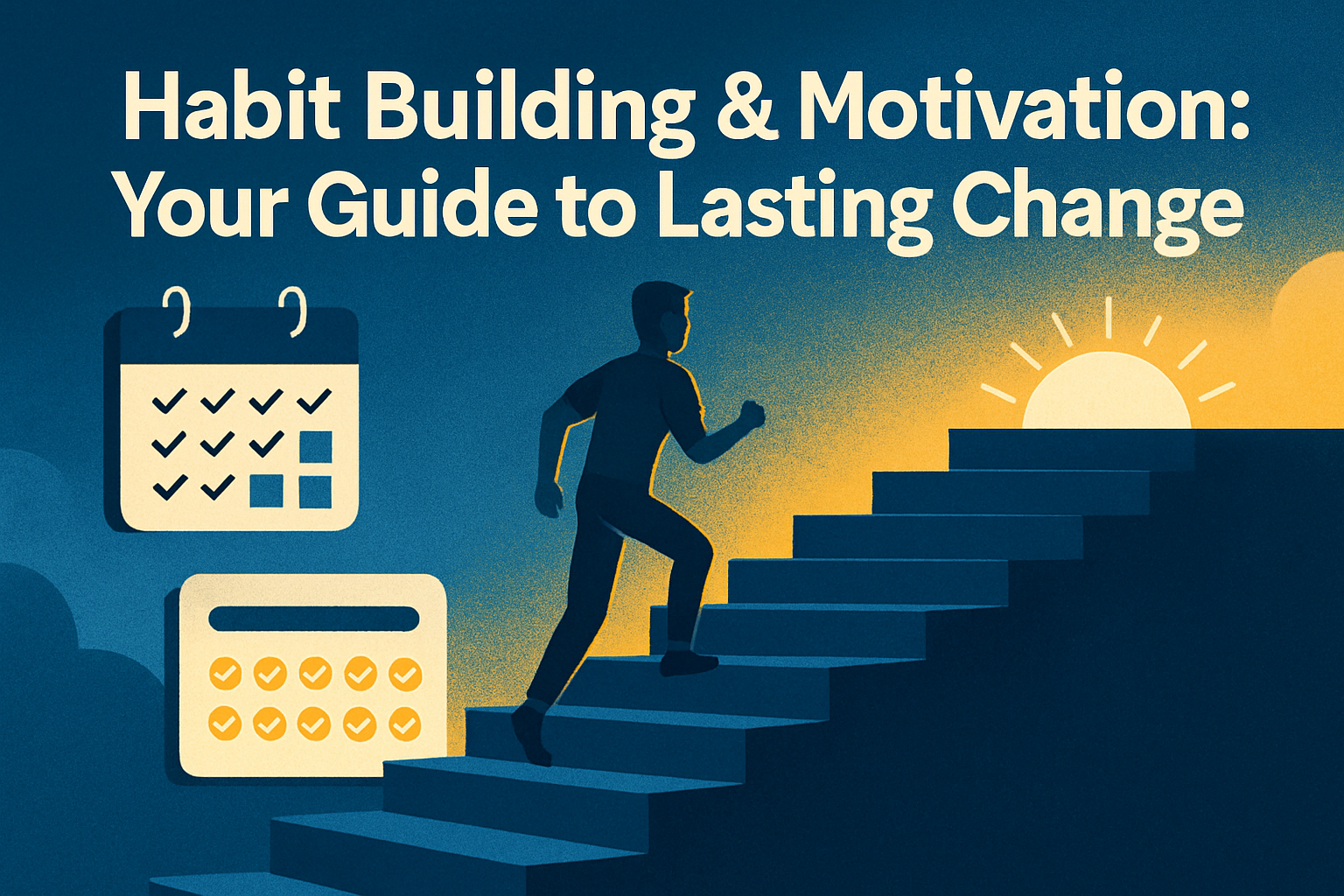Professional landscape hero image (1536x1024) featuring bold text overlay 'Habit Building & Motivation: Your Guide to Lasting Change' in ext