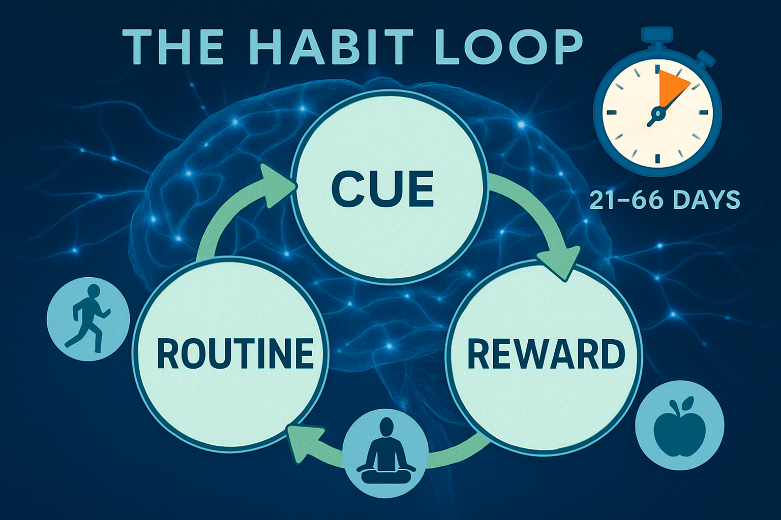 Detailed infographic showing the habit loop cycle with three interconnected circles labeled 'Cue', 'Routine', and 'Reward' with arrows conne
