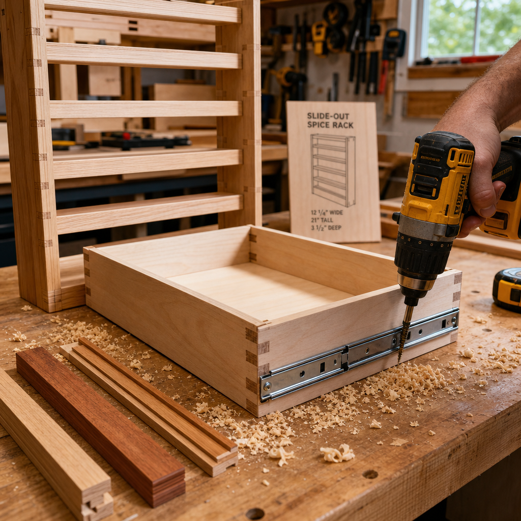A detailed, eye-level landscape shot () of a custom wooden spice rack being assembled in a compact, well-lit workshop. Focus